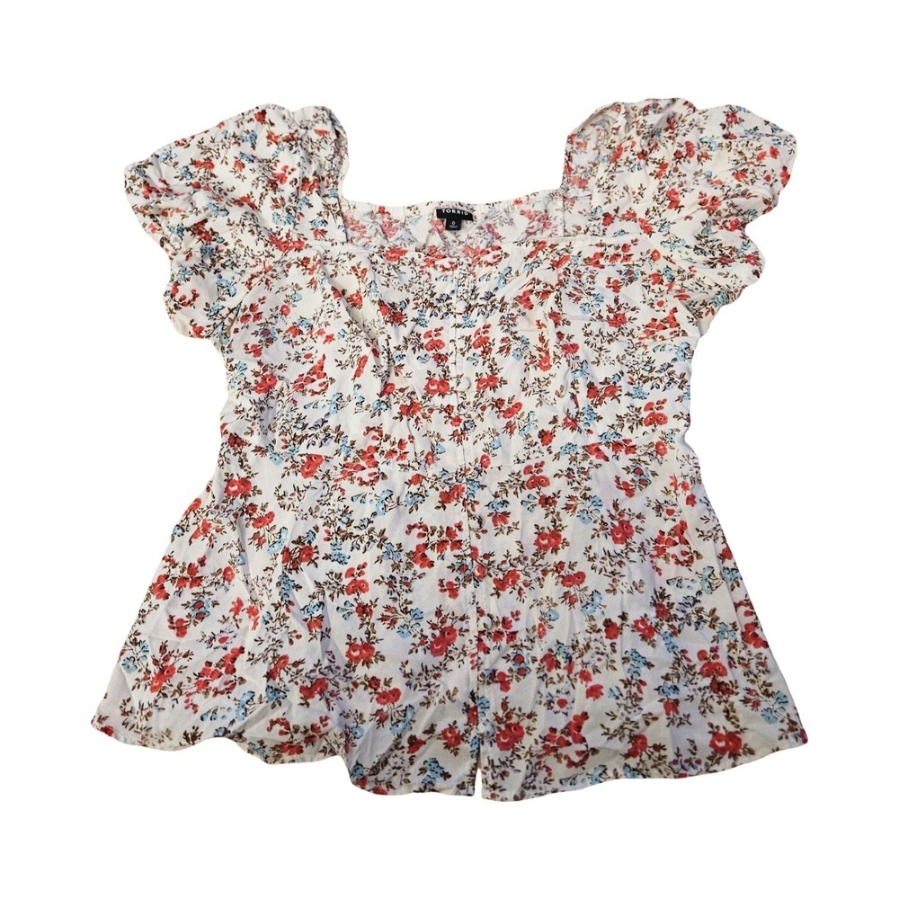 Torrid Floral Flutter‎ Sleeve Square Neck Button Front Blouse White Red Blue 0 L - Picture 2 of 6